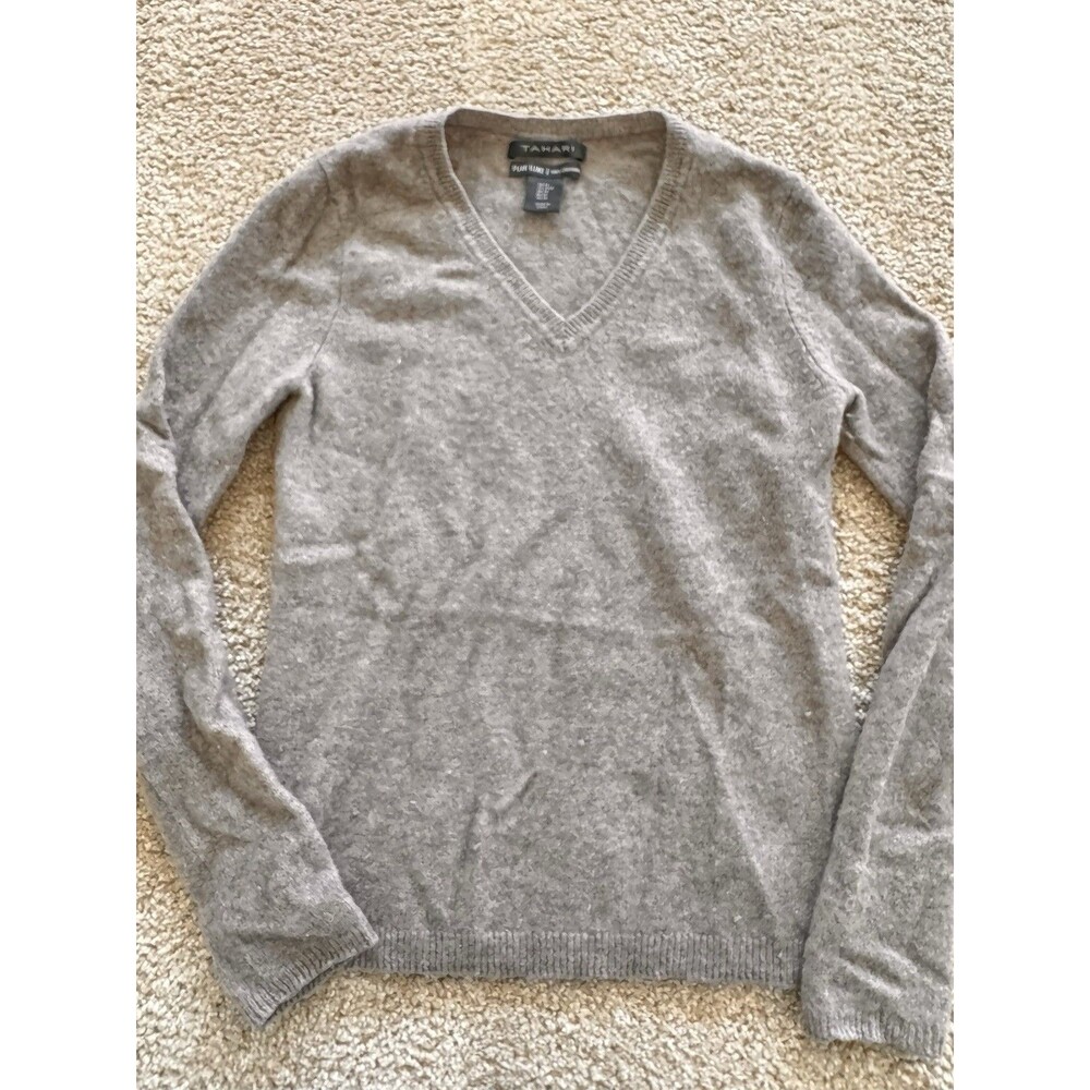 Tahari Women's Medium Sweater V-Neck Pure Luxe 100% Cashmere Grey Knit Soft